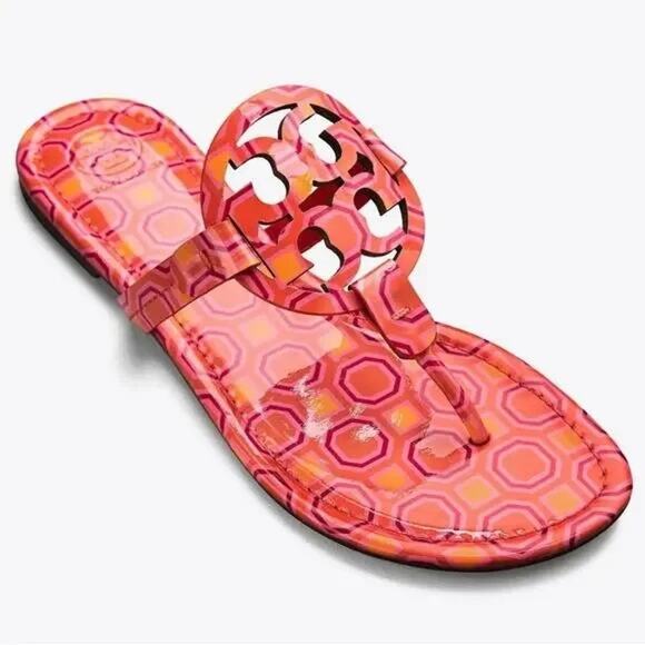 Tory Burch Miller Sandals Vivid Orange Octagon Print Square Toe Size 5.5 NWT - Picture 1 of 7